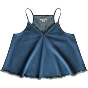 Mossimo Blue Denim Stretch Western Festival Tank Top Y2K Frayed Hem Size Large